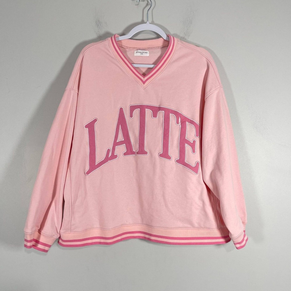 KenzKustomz Latte Graphic Sweatshirt Wms Small/Medium Pink V Neck Coffee Sporty